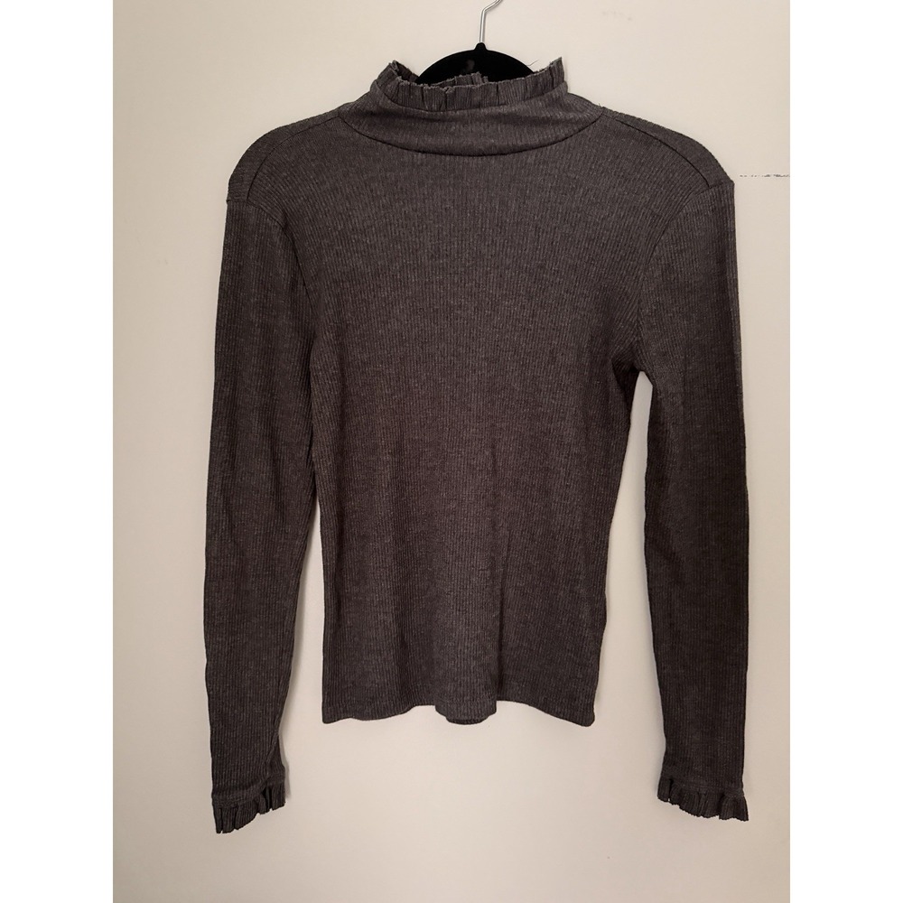 J.Crew Charcoal Gray Long Sleeve Ribbed Ruffle Trim Turtleneck Top Womens Small
